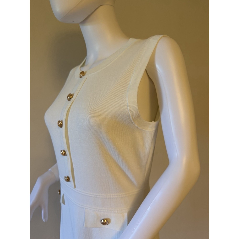 MEROKEETY Women's White Knit Sleeveless Sweater Dress With Golden Buttons Size S - Picture 9 of 16